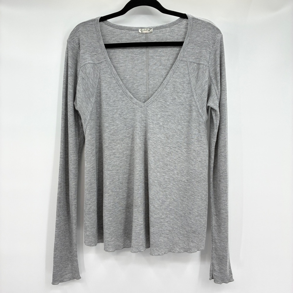 Intimately Free People Gray Ribbed Long Sleeve V Neck Henley Top Shirt Medium